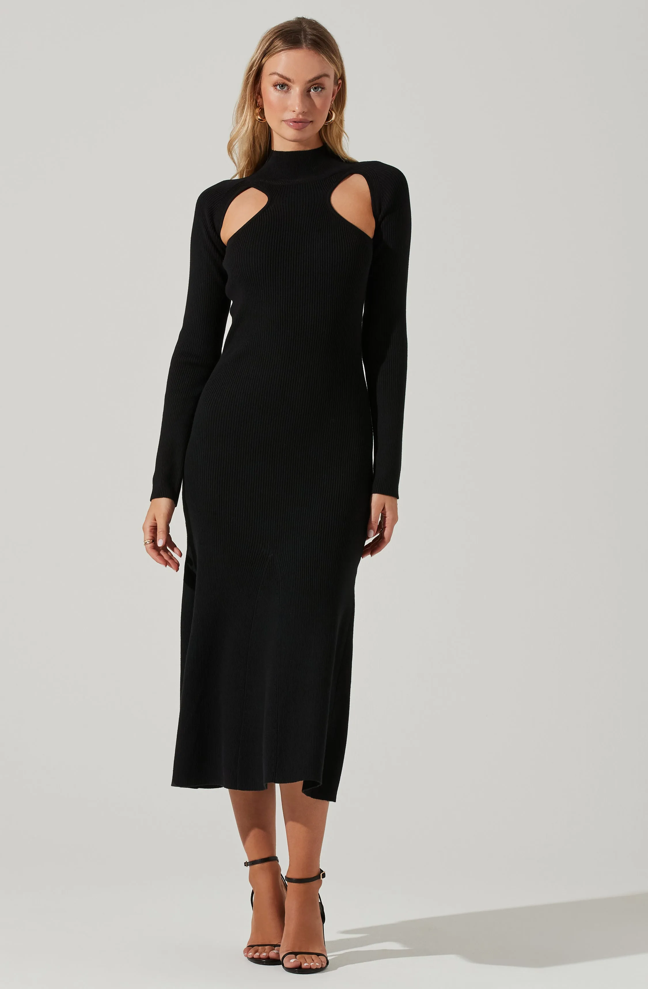 Front Cutout Long Sleeve Sweater Midi Dress