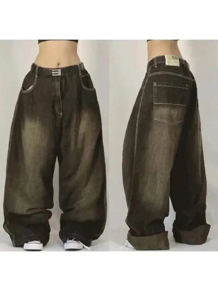 LVSANW American Retro Dopamine Wear With Women Multi Pocket Cargo Pants Line Decoration With All Straight Leg Loose Wide Leg Jeans