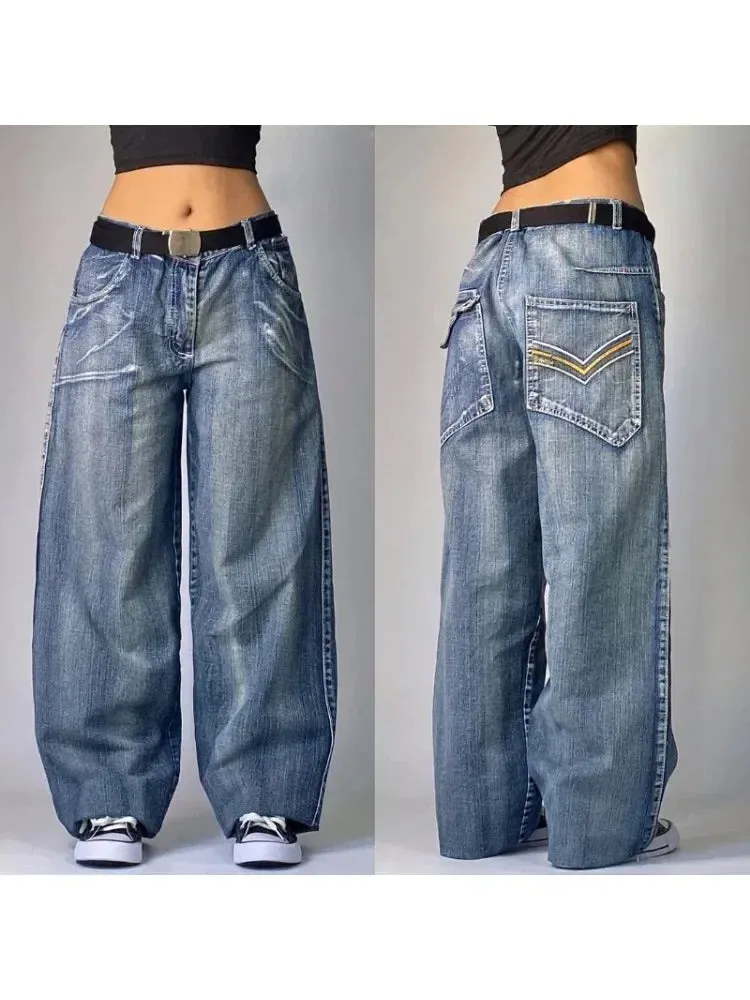 LVSANW American Retro Dopamine Wear With Women Multi Pocket Cargo Pants Line Decoration With All Straight Leg Loose Wide Leg Jeans